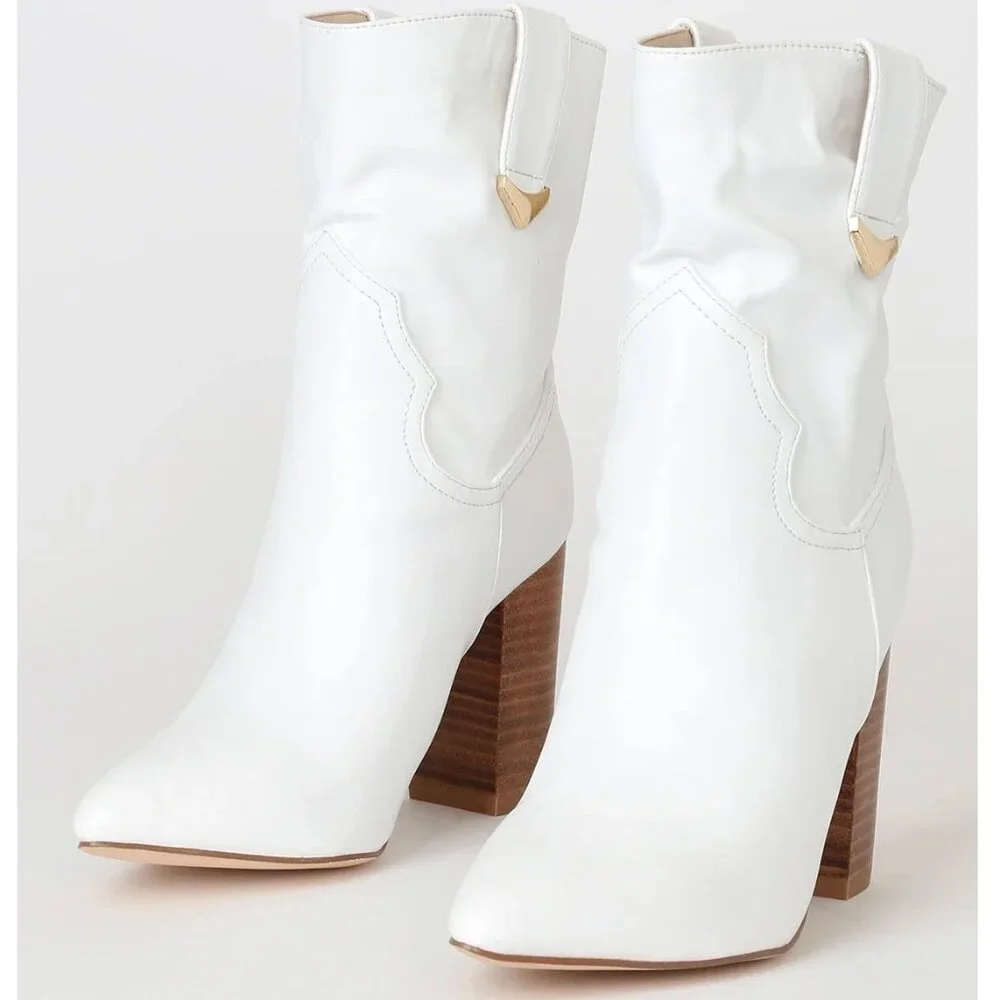 NEW Lulus Size 9 Taryne White Pointed Toe Boots Booties Faux Leather Block Heel